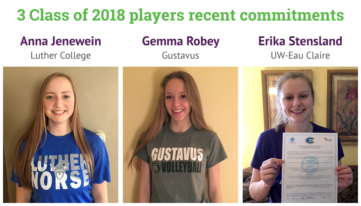 CLUB 43 Volleyball - 3 Class of 2018 players recent commitments: Anna Jenewein, Luther College - Gemma Robey, Gustavus - Erika Stensland, UW-Eau Claire